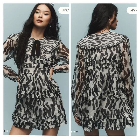 Maeve Long-Sleeve Collared Sheer Mini Dress Size Medium - Picture 1 of 8